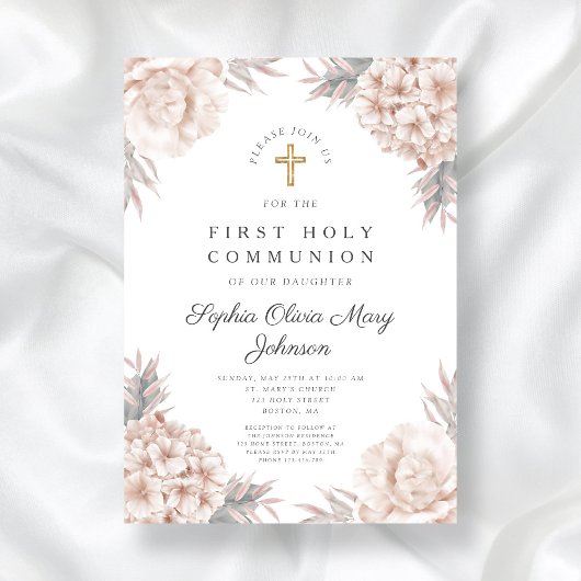 ピンクフローラ金ゴールドクロス宗教第1聖餐式 招待状