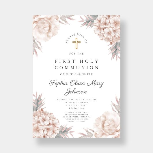 ピンクフローラ金ゴールドクロス宗教第1聖餐式 招待状