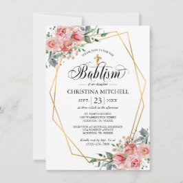 ピンクフローラ金ゴールドクロス《キリスト教》洗礼式や命名式バプティスガール 招待状