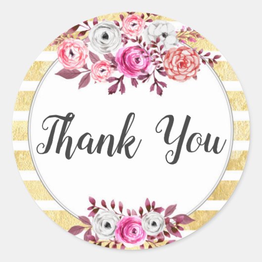ピンクフローラ金ゴールドグラムウォーターストライプカラーありがとう ラウンドシール (正面)