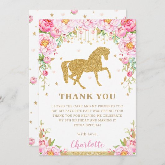 ピンクフローラ金ゴールドグリッターの馬の誕生日パーティー サンキューカード (正面/裏面)