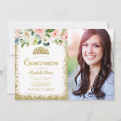 ピンクフローラ金ゴールドグリッターティアラキンセアニェラ写真 招待状 (正面)