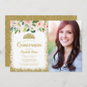 ピンクフローラ金ゴールドグリッターティアラキンセアニェラ写真 招待状 (正面/裏面)