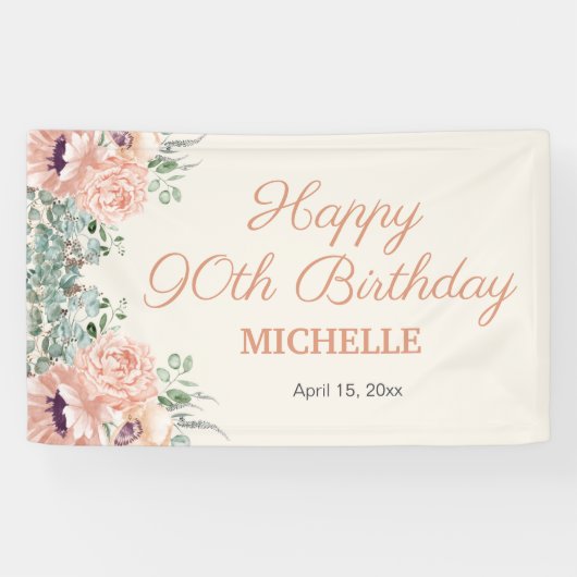 ピンクフローラ金ゴールドグリッターハッピー90誕生日 横断幕 (横)