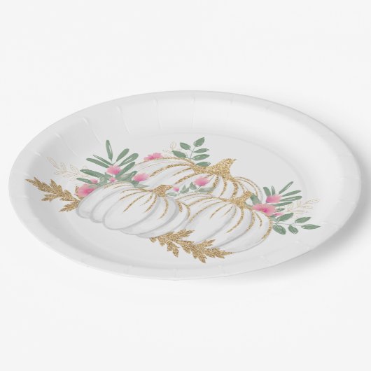 ピンクフローラ金ゴールドグリッターパンプキンズ秋の結婚式 ペーパープレート (アングル)