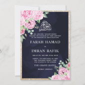 ピンクフローラ金ゴールドグリッターブルームスリム結婚ズ 招待状 (正面)