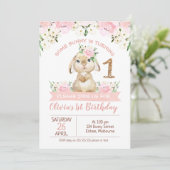 ピンクフローラ金ゴールドグリッターワンソフバニー誕生日 招待状 (スタンド正面)