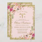 ピンクフローラ金ゴールドグリッター看護学校卒業 招待状 (正面/裏面)