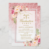 ピンクフローラ金ゴールドグリッター看護学校卒業 招待状 (正面/裏面)