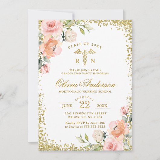 ピンクフローラ金ゴールドグリッター看護学校卒業 招待状 (正面)