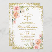 ピンクフローラ金ゴールドグリッター看護学校卒業 招待状 (正面/裏面)