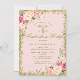 ピンクフローラ金ゴールドグリッター看護学校卒業 招待状