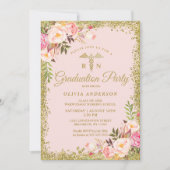 ピンクフローラ金ゴールドグリッター看護学校卒業 招待状 (正面)