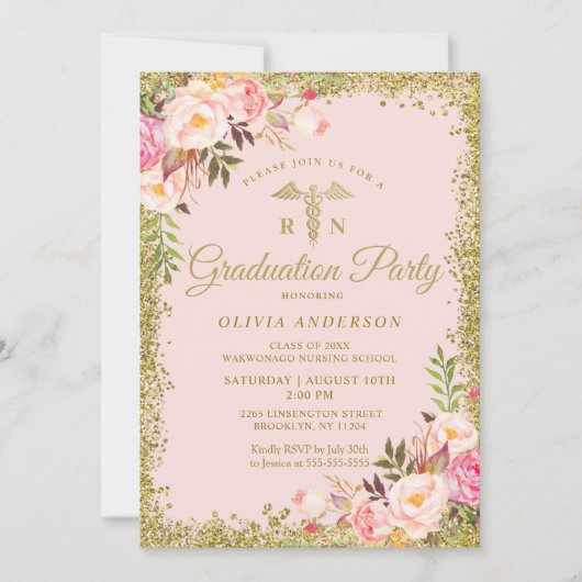 ピンクフローラ金ゴールドグリッター看護学校卒業 招待状 (正面)