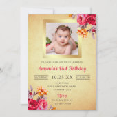 ピンクフローラ金ゴールドグリッター第1の誕生日招待状 招待状 (正面)