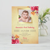 ピンクフローラ金ゴールドグリッター第1の誕生日招待状 招待状 (スタンド正面)