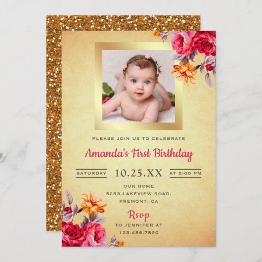 ピンクフローラ金ゴールドグリッター第1の誕生日招待状 招待状 (正面/裏面)