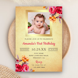 ピンクフローラ金ゴールドグリッター第1の誕生日招待状 招待状