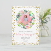 ピンクフローラ金ゴールドグリッター紙吹雪 |女の子誕生日 招待状 (スタンド正面)