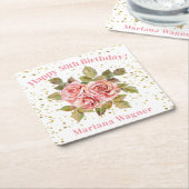 ピンクフローラ金ゴールドグリッター誕生日パーティー スクエアペーパーコースター (アングル)