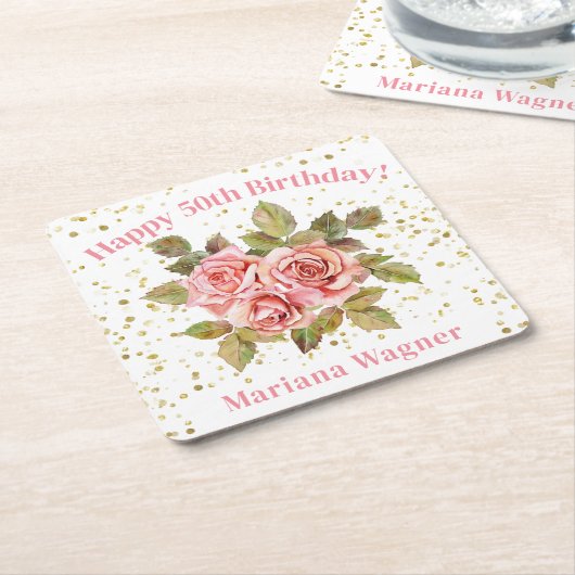ピンクフローラ金ゴールドグリッター誕生日パーティー スクエアペーパーコースター (アングル)