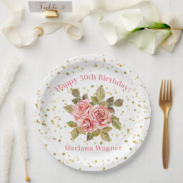 ピンクフローラ金ゴールドグリッター誕生日パーティー ペーパープレート