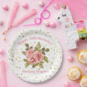 ピンクフローラ金ゴールドグリッター誕生日パーティー ペーパープレート (パーティー)