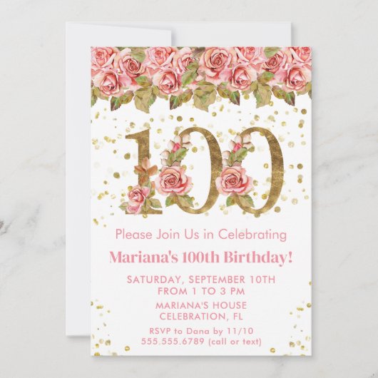ピンクフローラ金ゴールドグリッター100th誕生日パーティー 招待状 (正面)