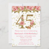 ピンクフローラ金ゴールドグリッター45th誕生日パーティー 招待状 (正面)