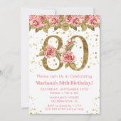 ピンクフローラ金ゴールドグリッター80th誕生日パーティー 招待状 (正面)