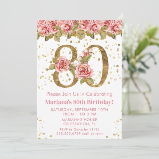 ピンクフローラ金ゴールドグリッター80th誕生日パーティー 招待状 (スタンド正面)