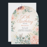 ピンクフローラ金ゴールドグリッター90thアーチ形誕生日 招待状<br><div class="desc">ピンクかわいらしの春の水の色のフローラと緑の離れグリッターと90番目のアーチ形のバースデーパーティーの招待金ゴールド。文字はスクリプエレガントトフォントである。カスタマイ連絡ズのサポートや、パーティーに対するZazzle製品のマッチングまたは調整を要求する私。</div>