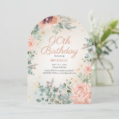 ピンクフローラ金ゴールドグリッター90thアーチ形誕生日 招待状 (スタンド正面)