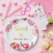 ピンクフローラ金ゴールドスクリプトスウィート16誕生日 ペーパープレート (パーティー)