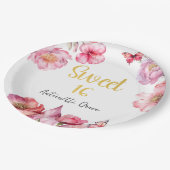 ピンクフローラ金ゴールドスクリプトスウィート16誕生日 ペーパープレート (アングル)