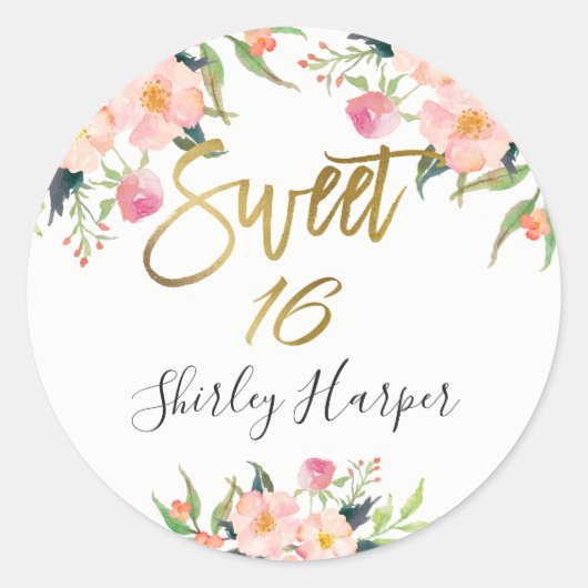 ピンクフローラ金ゴールドスクリプトSweet sixteen16誕生日 ラウンドシール (正面)