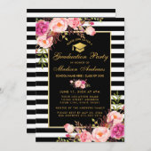 ピンクフローラ金ゴールドストライプの卒業パーティー招待状 招待状 (正面/裏面)