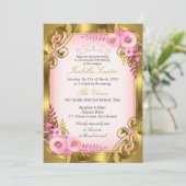 ピンクフローラ金ゴールドティアラ誕生日パーティー 招待状 (スタンド正面)