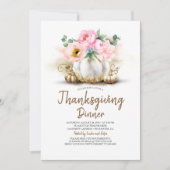 ピンクフローラ金ゴールドパンプキン感謝祭ディナー 招待状 (正面)