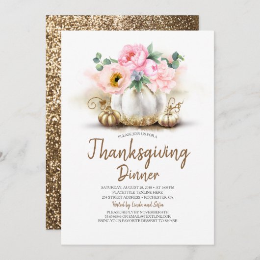ピンクフローラ金ゴールドパンプキン感謝祭ディナー 招待状 (正面/裏面)