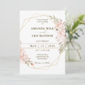 ピンクフローラ金ゴールドフレームシック結婚ミニマリスト 招待状 (スタンド正面)