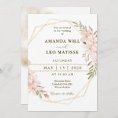 ピンクフローラ金ゴールドフレームシック結婚ミニマリスト 招待状 (正面/裏面)