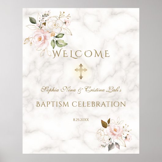 ピンクフローラ金ゴールドフレームバプテスムウェルカムサイン ポスター (正面)