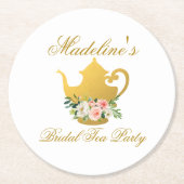 ピンクフローラ金ゴールドブライダルシャワーティーパーティー ラウンドペーパーコースター (正面)