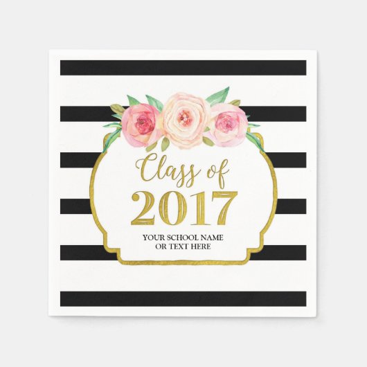 ピンクフローラ金ゴールドブラックストライプ2017卒業 スタンダードカクテルナプキン (正面)