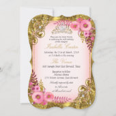 ピンクフローラ金ゴールドホワイトパールティアラ誕生日パーティー 招待状 (正面)