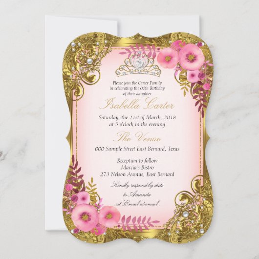 ピンクフローラ金ゴールドホワイトパールティアラ誕生日パーティー 招待状 (正面)