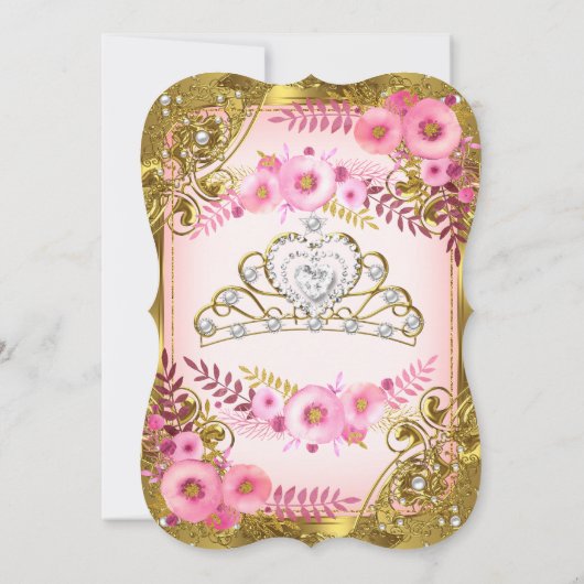 ピンクフローラ金ゴールドホワイトパールティアラ誕生日パーティー 招待状 (裏面)