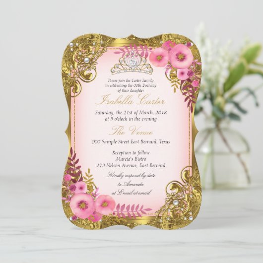 ピンクフローラ金ゴールドホワイトパールティアラ誕生日パーティー 招待状 (スタンド正面)