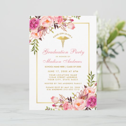 ピンクフローラ金ゴールドメディカルグラードパーティの招待状 招待状 (スタンド正面)